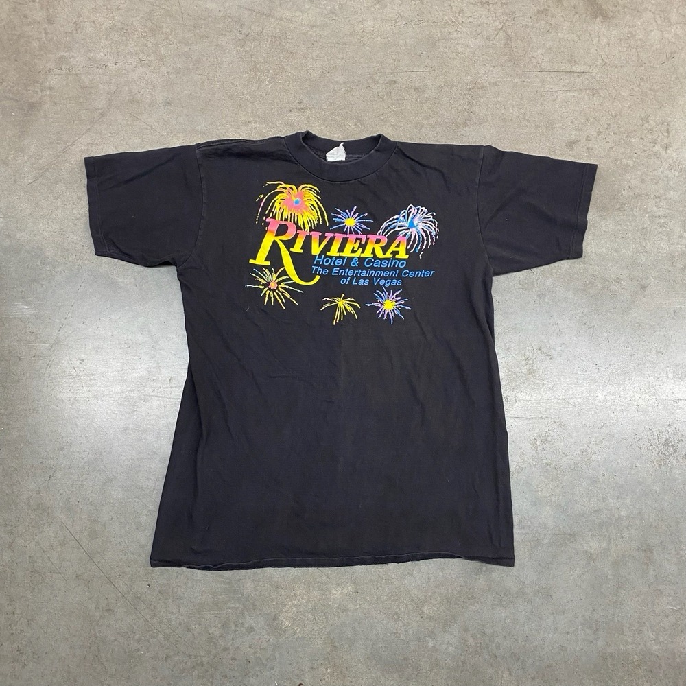 VTG Riviera Hotel Casino Las Vegas Graphic T Shirt Black Fireworks 90s‎ Large